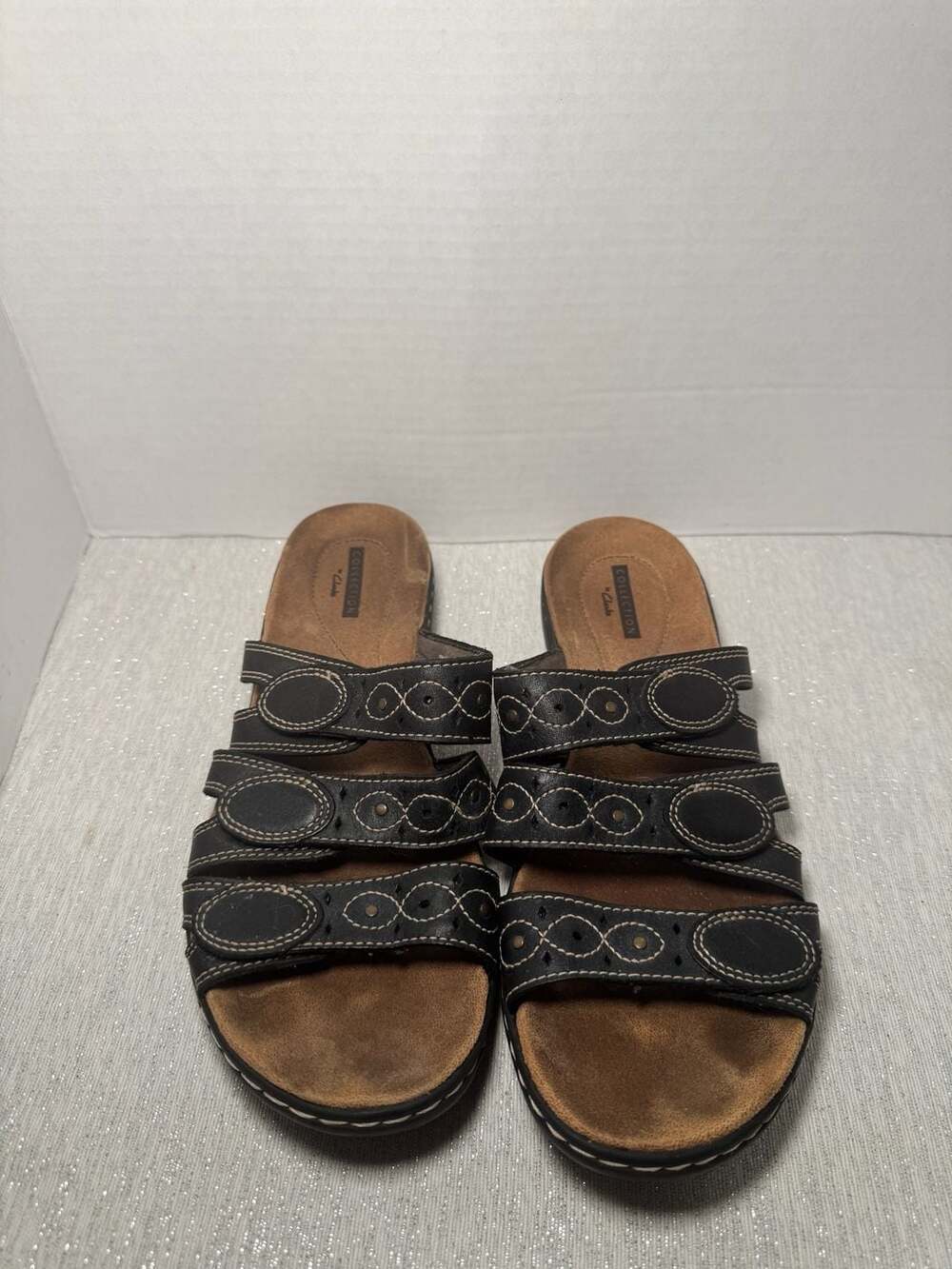 Collection by Clarks Black Leather Multi-Strap Slide Sandals